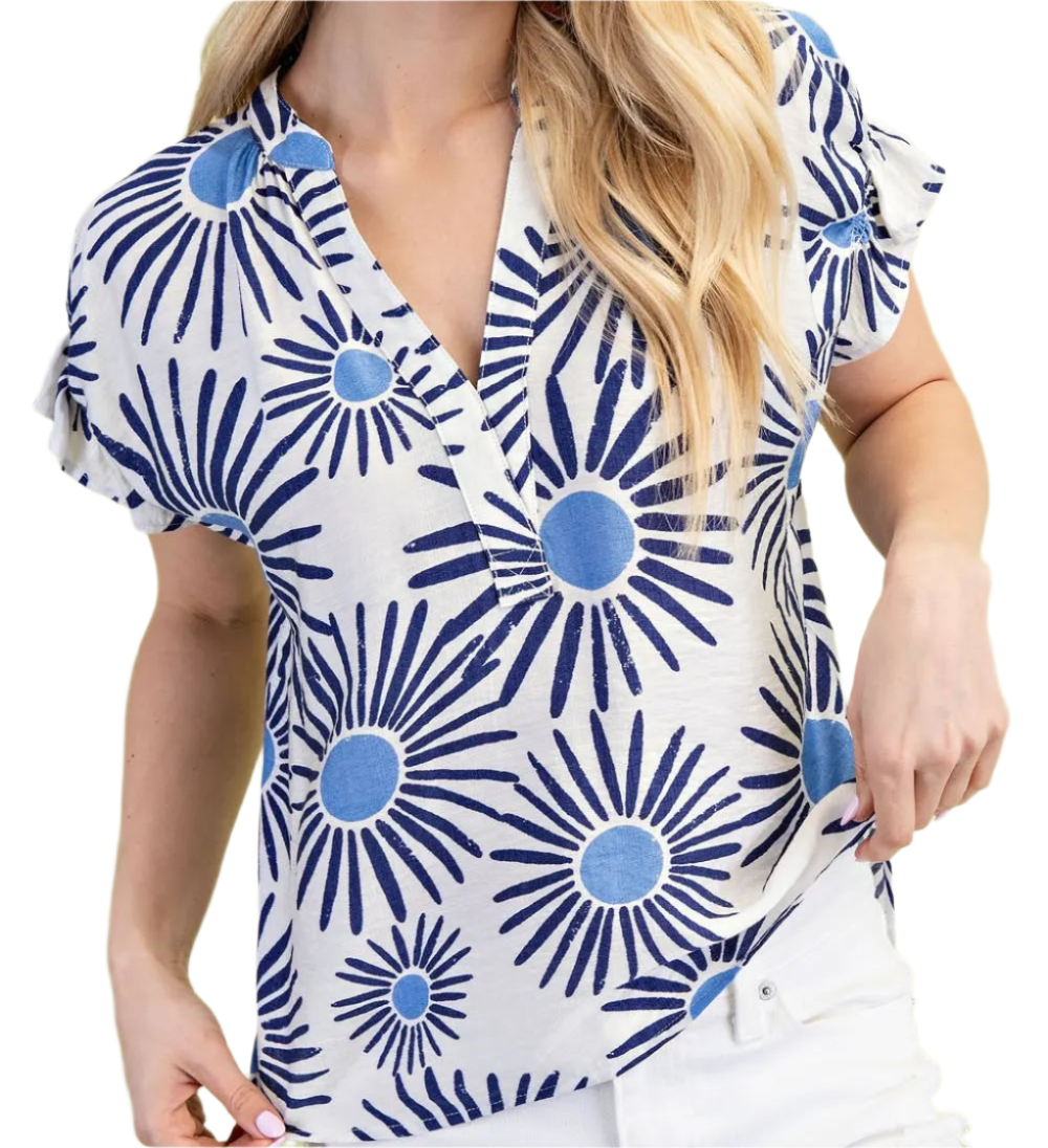Navy/Blue Sunburst Printed V-Neck Top