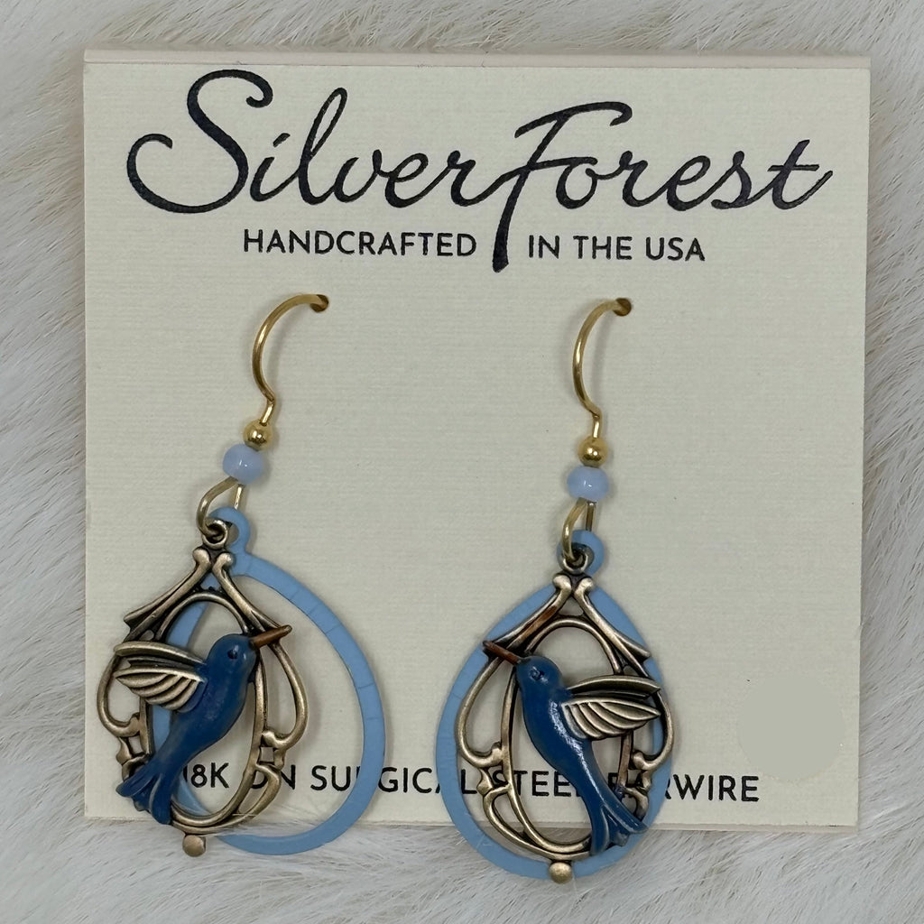Blue Hummingbird in Tear Earrings My Secret Garden