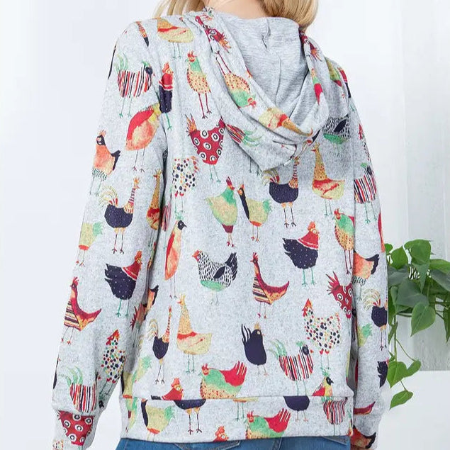 Colorful Chicken Print Knit Hoodie