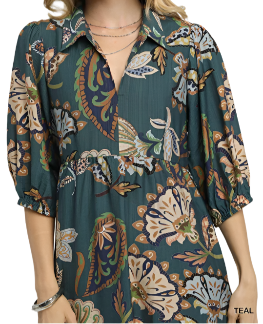 Teal Floral Printed Midi Dress