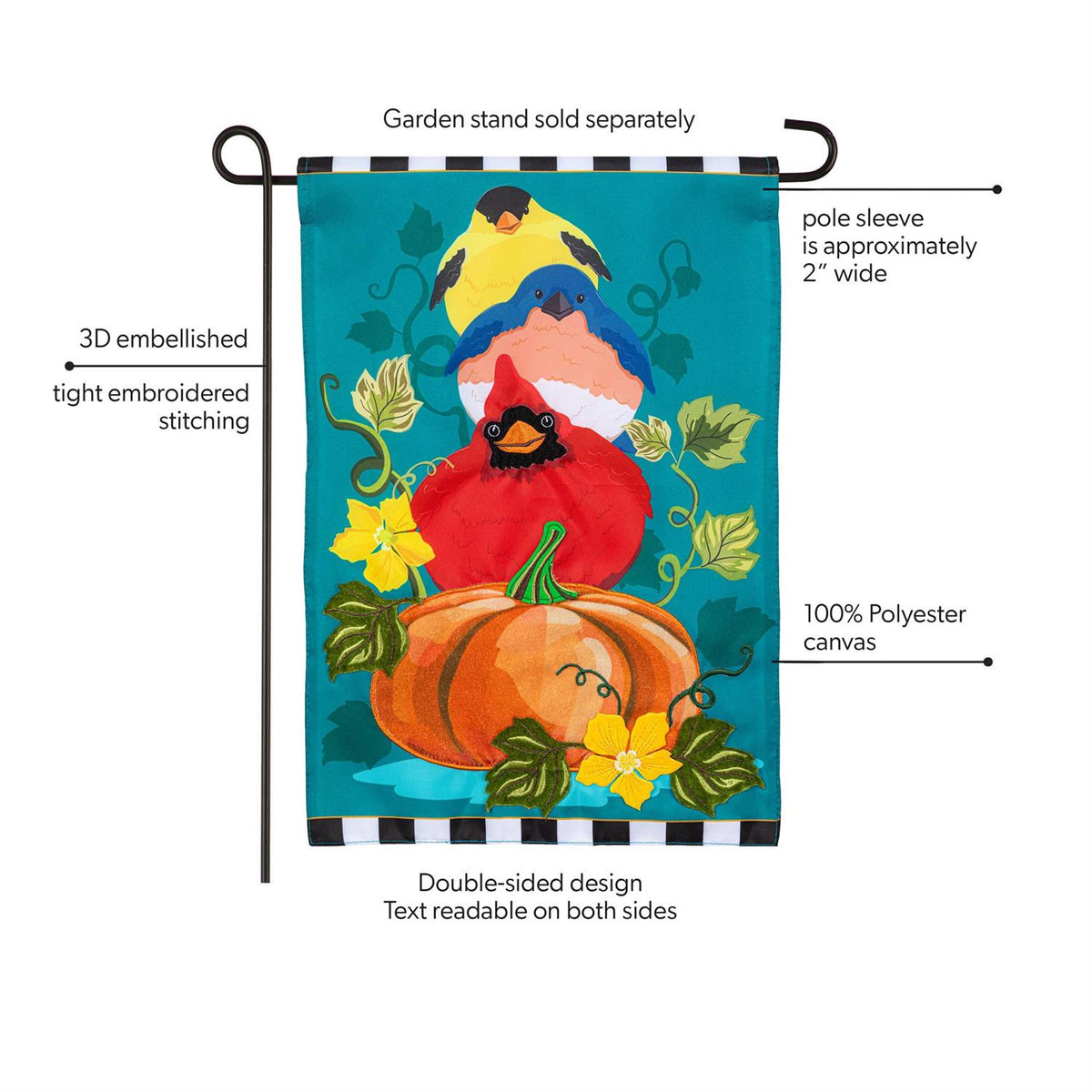 Portly Pumpkin Birds Applique Garden Flag