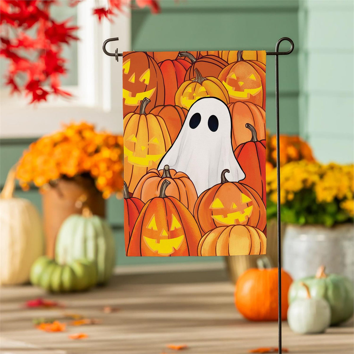 Pumpkin Patch Ghost Burlap Garden Flag