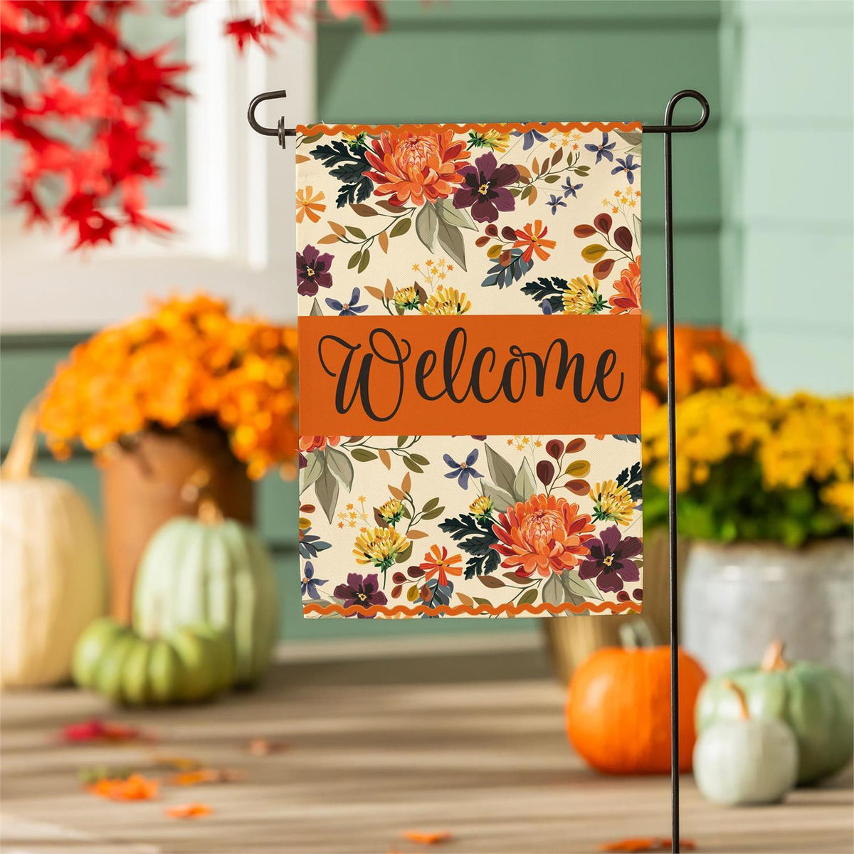 Fall Floral Welcome Burlap Garden Flag