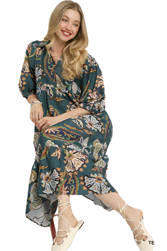 Teal Floral Printed Midi Dress