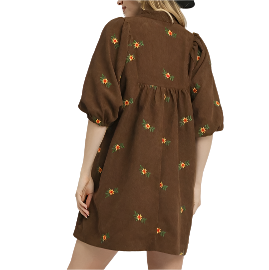 Brown Embroidered Corduroy Dress
