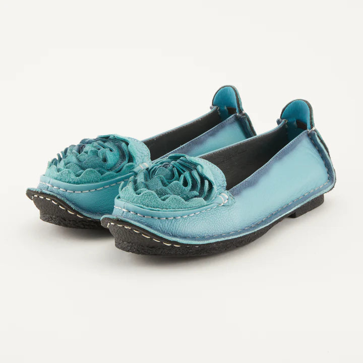 Blue Soft Leather Loafers w/ Flower