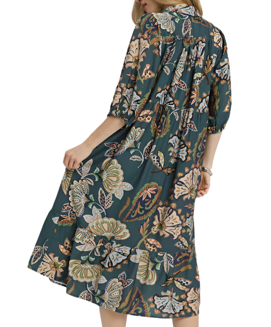 Teal Floral Printed Midi Dress