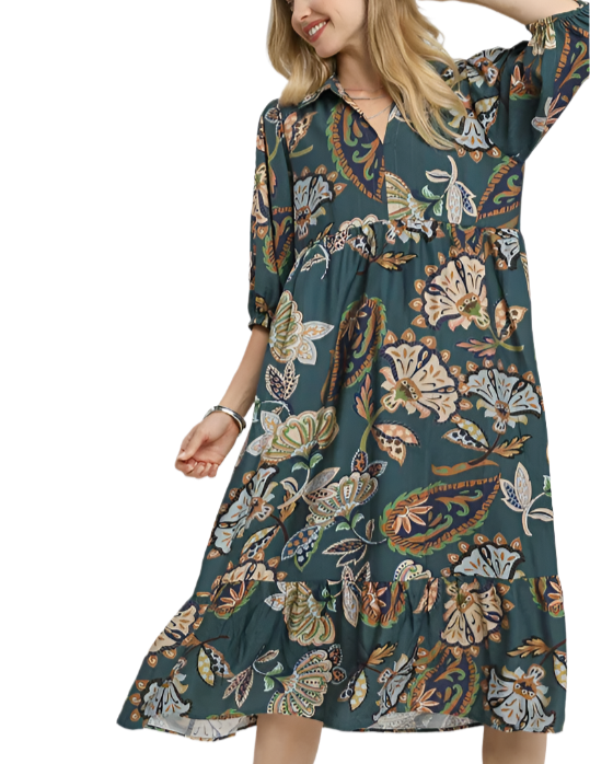 Teal Floral Printed Midi Dress
