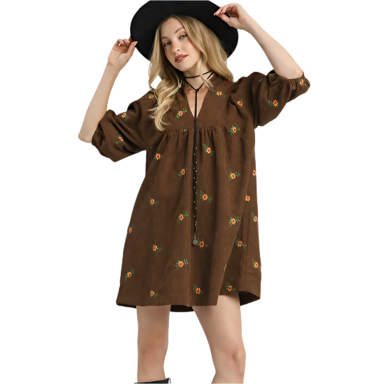 Brown Embroidered Corduroy Dress