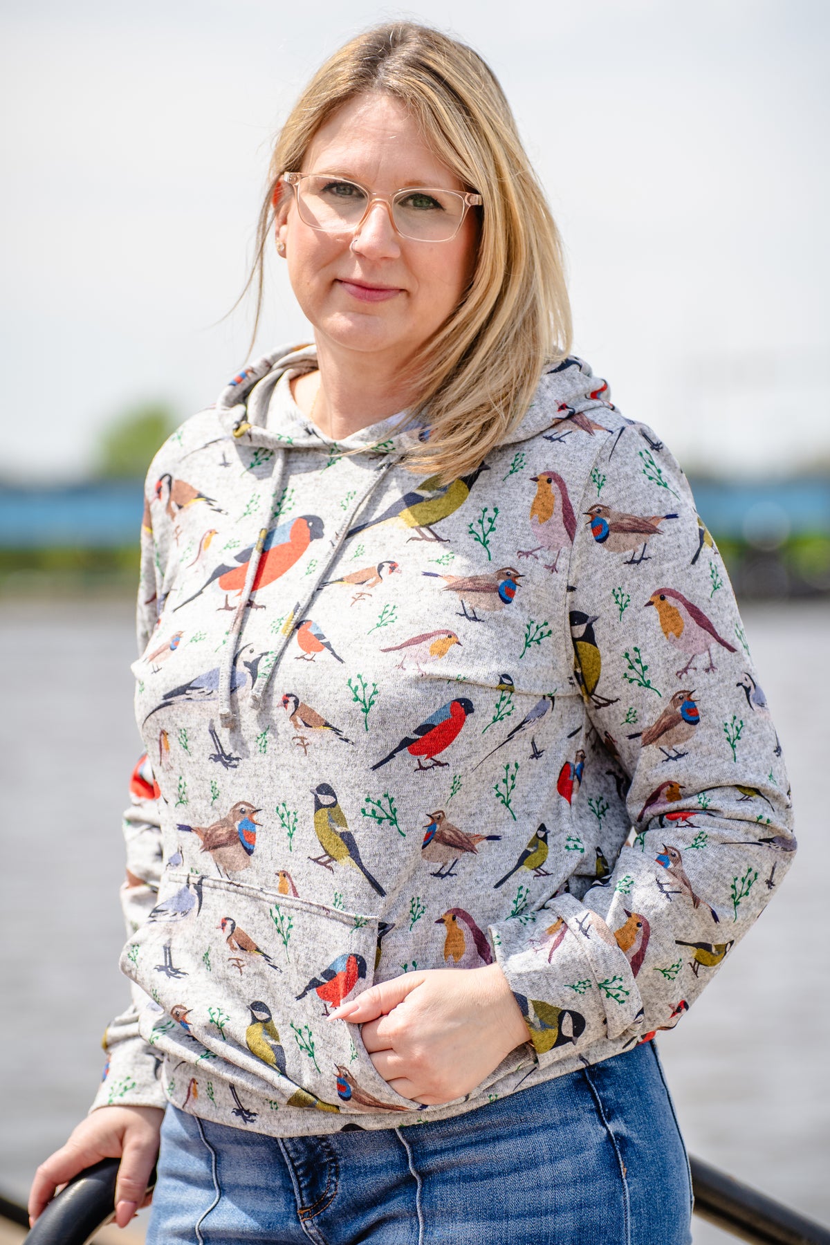 All Over Bird Print Hoodie-Grey