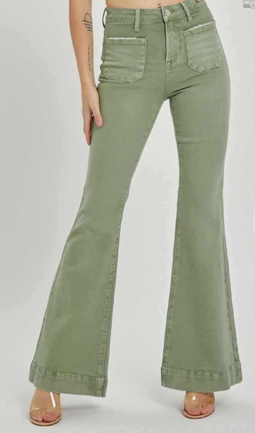 Olive High Rise Front Patch Pocket Jeans w/ Bell Bottom Leg