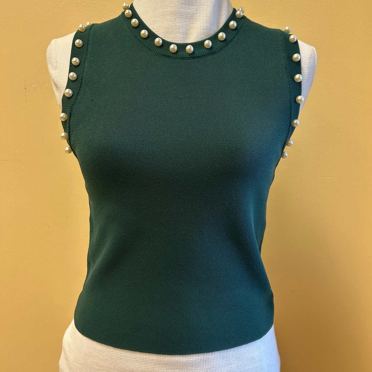 Hunter Green Knitted Tank Top w/Pearl Det