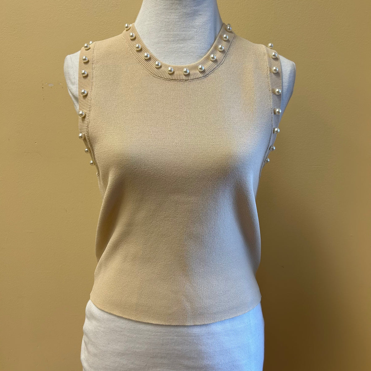 Cream Knitted Tank Top w/Pearl Detail