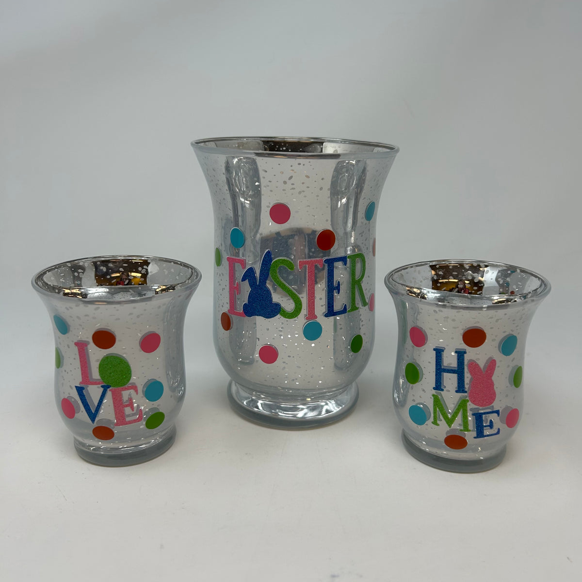 Set of 3 Mercury Glass Easter Hurricane Candle Holders
