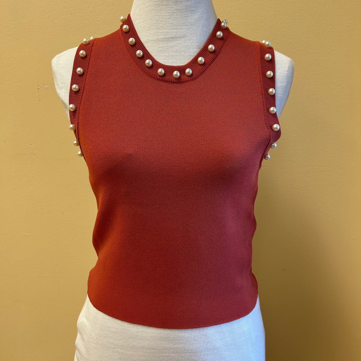 Rust Knitted Tank top w/Pearl Detail