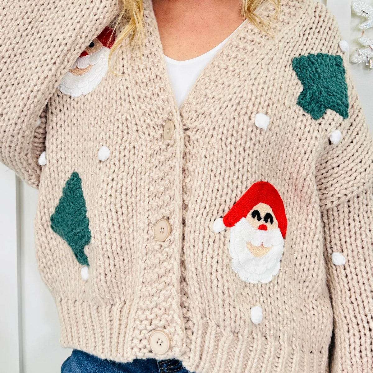 Taupe Santa & Tree Cardigan