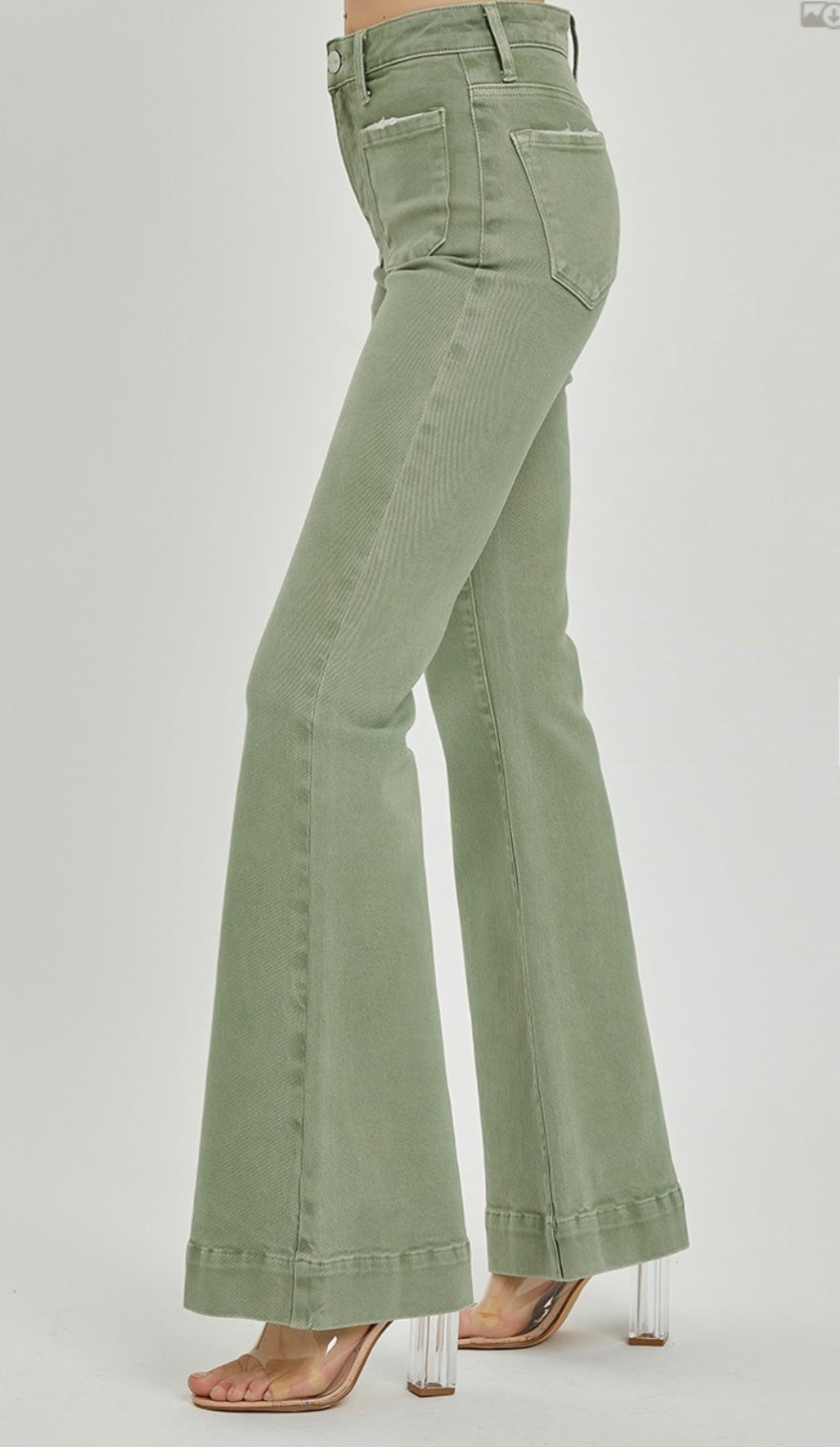 Olive High Rise Front Patch Pocket Jeans w/ Bell Bottom Leg