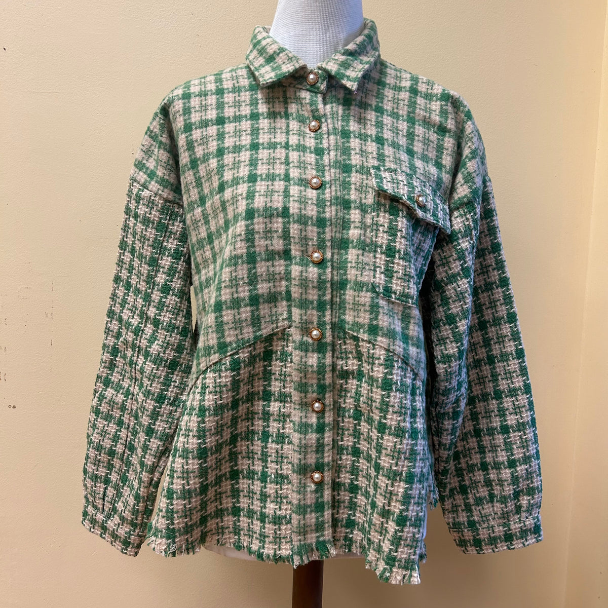 Kelly Green Plaid Shacket w/ Pocket &amp; Buttons