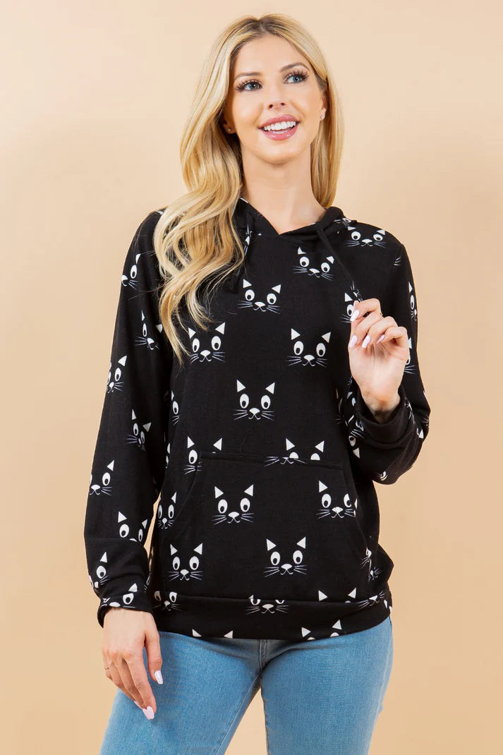 Black Cat Face Print Hoodie