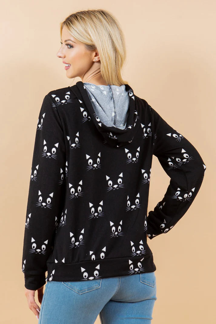Black Cat Face Print Hoodie