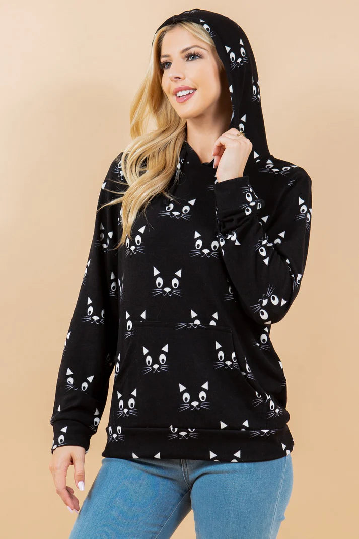 Black Cat Face Print Hoodie