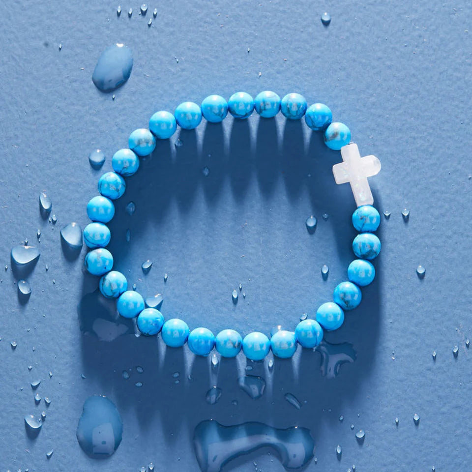 Blue Howlite Cross Holy Water Bracelet - Retired Style