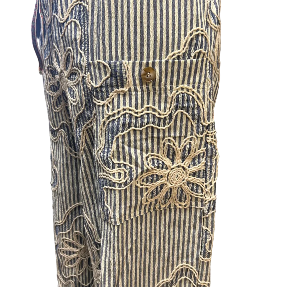 Denim Blue Embroidery Striped Woven Pants