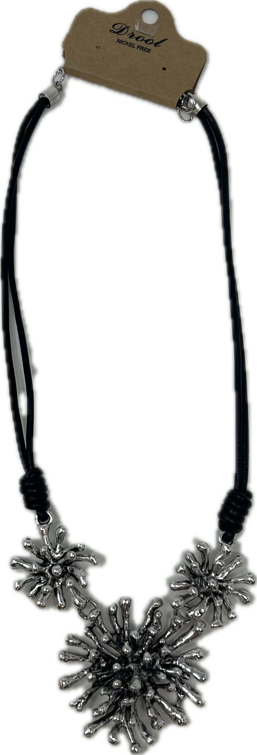Black Corded Necklace w/ 3 Metal Dandelions Pendant