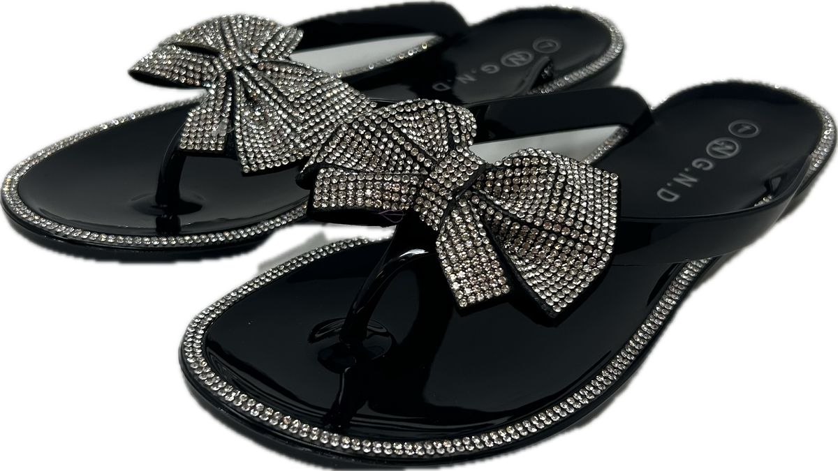 Black Slip On Sandals w/Bejeweled Bow