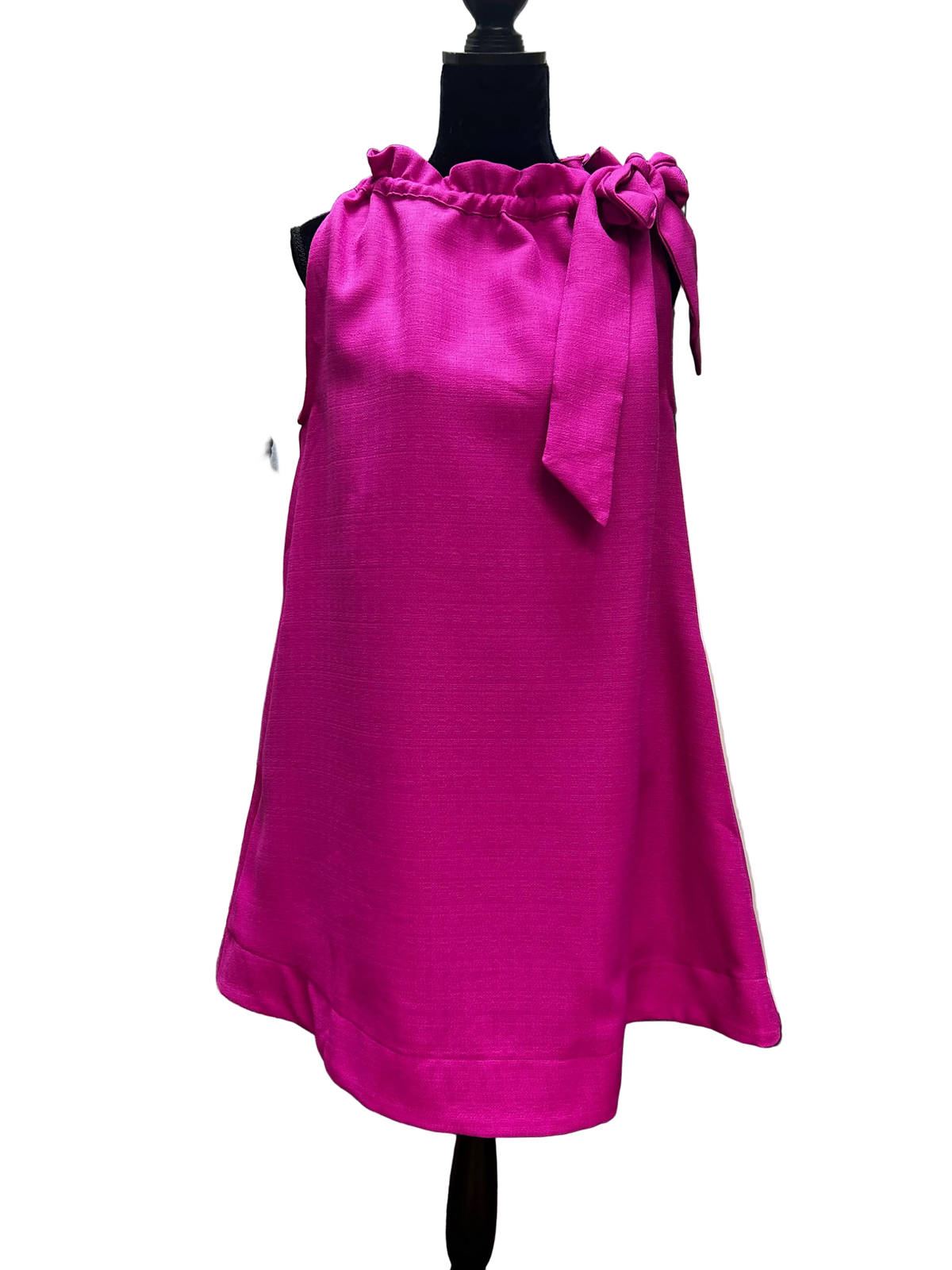 Magenta Tie Round Ruffle Neck Sleeveless Mini Dress