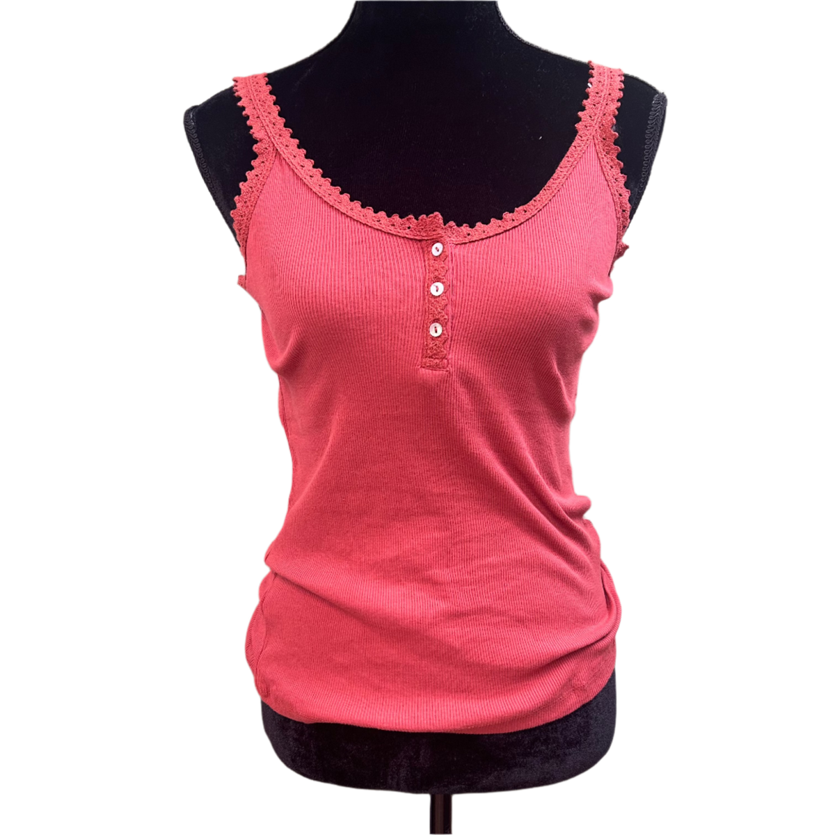 Lace Trim Knit Tank w/Buttons