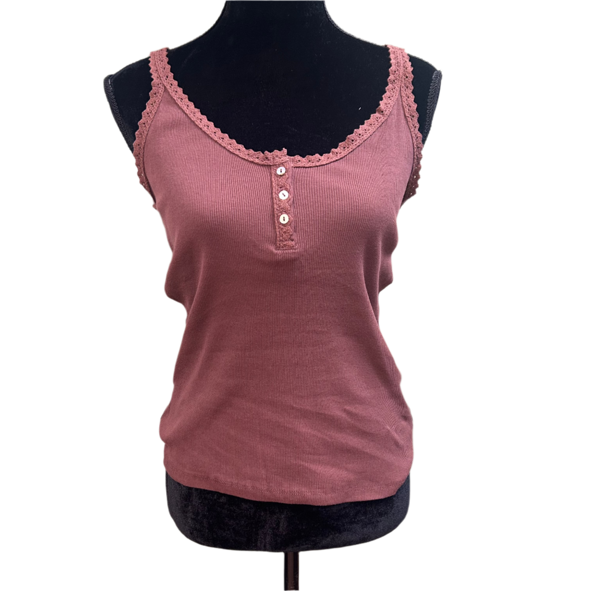 Lace Trim Knit Tank w/Buttons