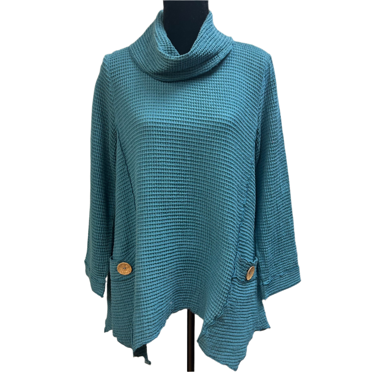 Teal Waffle Knit Tunic w/Button Pockets