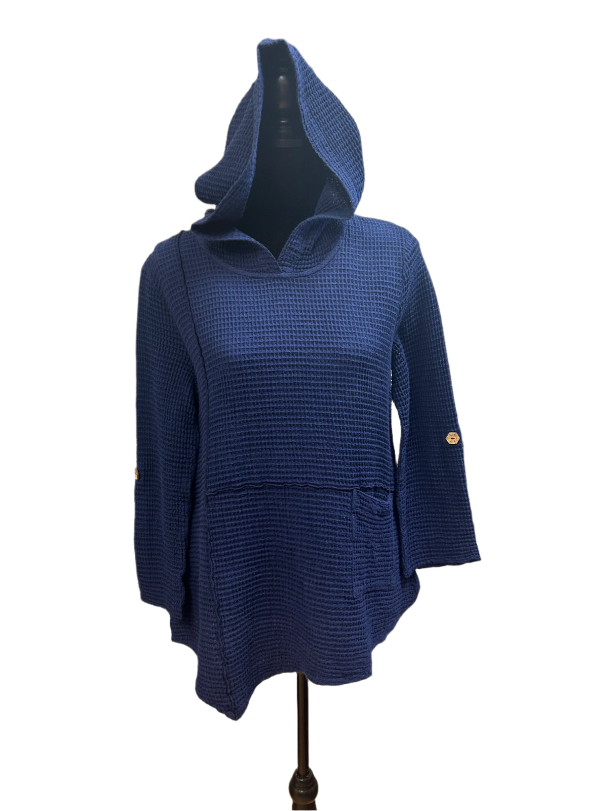 Blue Waffle Knit Hooded Top w/Pockets