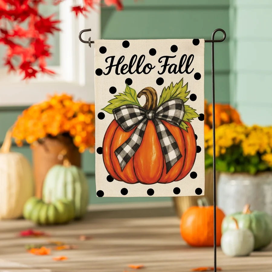 Checkered Bow Pumpkin Burlap Garden Flag