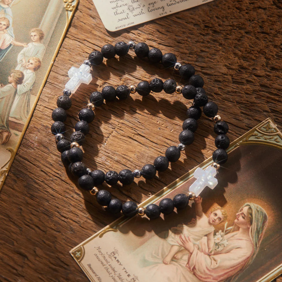 Men&#39;s Lava Rock Cross Holy Water Bracelet