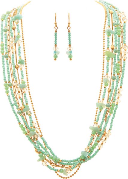 Gold Green Glass Stone Mix Layer Necklace Set