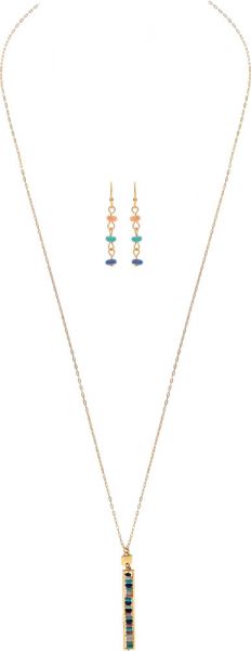Gold Multicolor Stone Bar Drop Chain Necklace Set