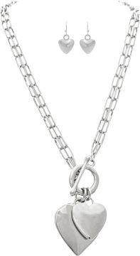 Slvr Double Chain Toggle Heart Necklace Set