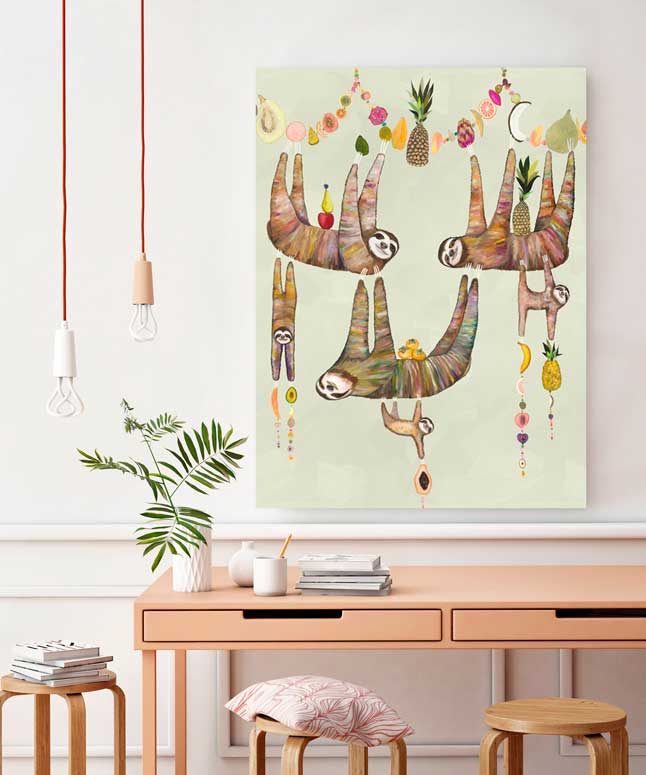 Sloth Family&#39;s Fruit Basket Canvas Wall Art