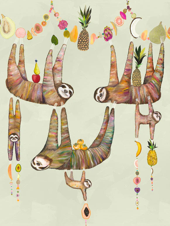 Sloth Family&#39;s Fruit Basket Canvas Wall Art