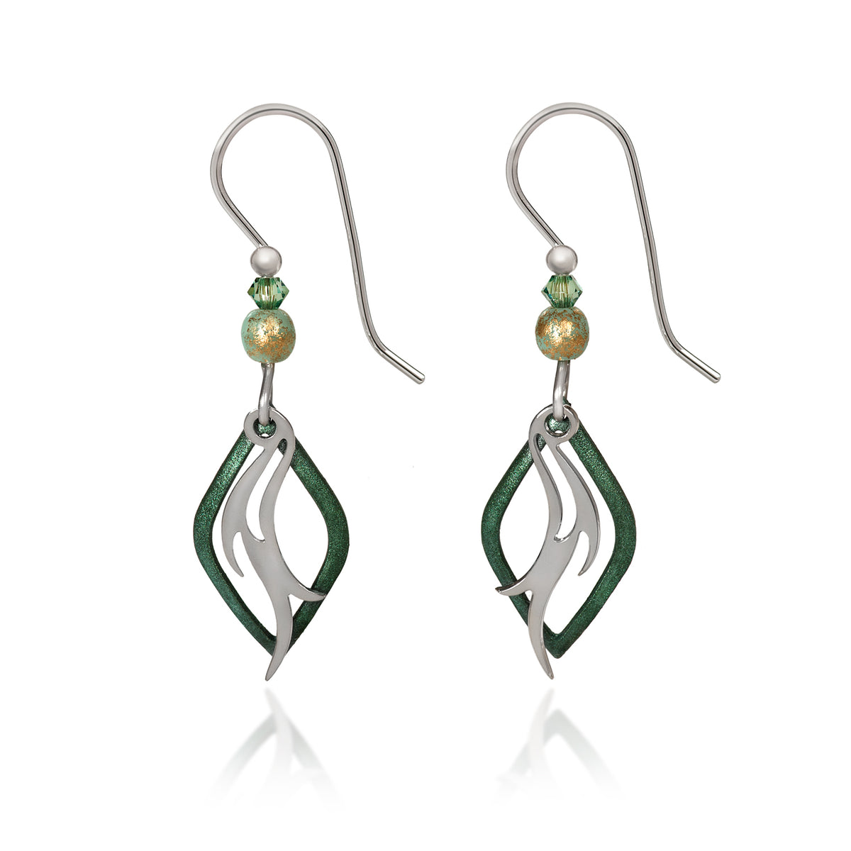 Green/Silver Flame In Open Diamond Earrings
