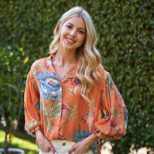 Tropical Coral Blouse w/ Puff Sleeve