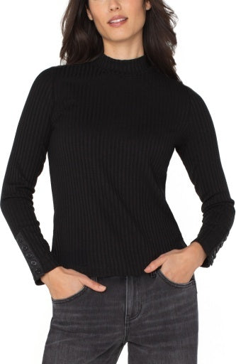 Liverpool Long Sleeve Mock Neck Knit Top w/Button Detail
