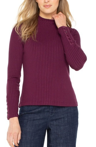 Liverpool Long Sleeve Mock Neck Knit Top w/Button Detail