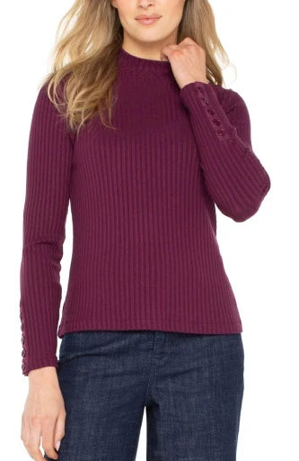 Long Sleeve Mock Neck Knit Top w/ Button Detail