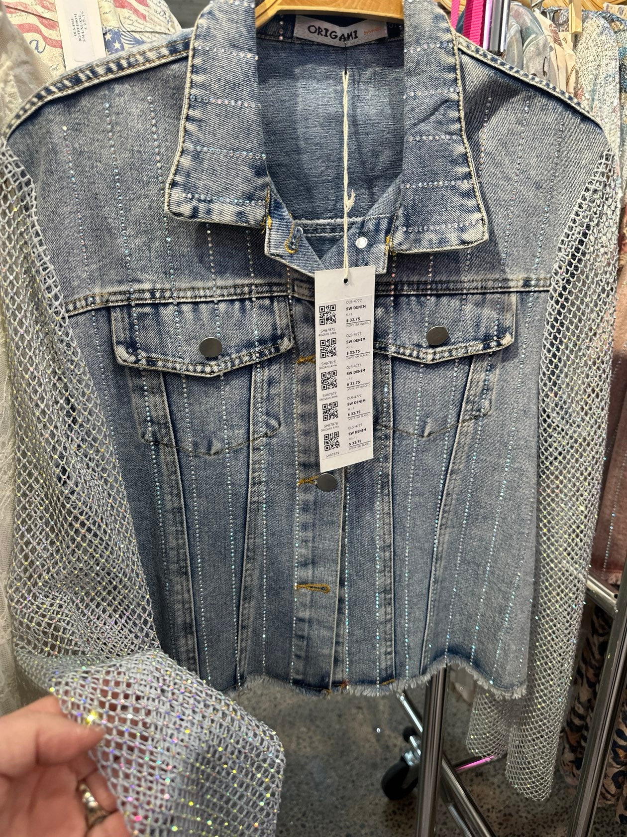 Denim Jacket w/ Mesh Stone Sleeves — Origami Apparel