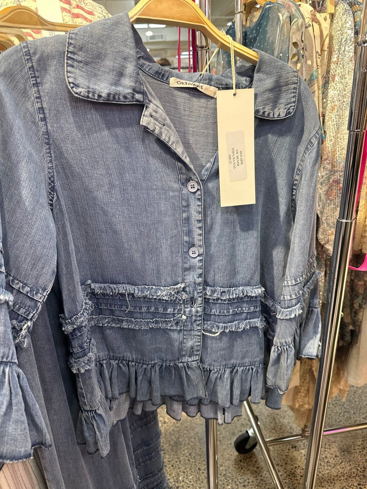 Denim Chambray Jacket w/ Ruffles
