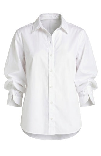 White Adjustable Sleeve Button Front Woven Top