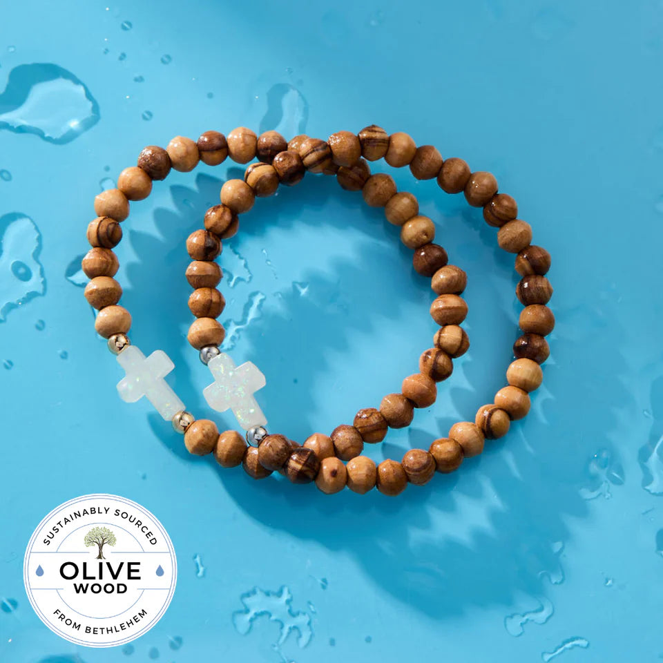Olive Wood Cross Holy Water Bracelet